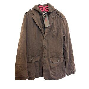 Pop Icon Hooded Brown Blazer Mens Size Large Lightweight Cotton Jacket Button Fr